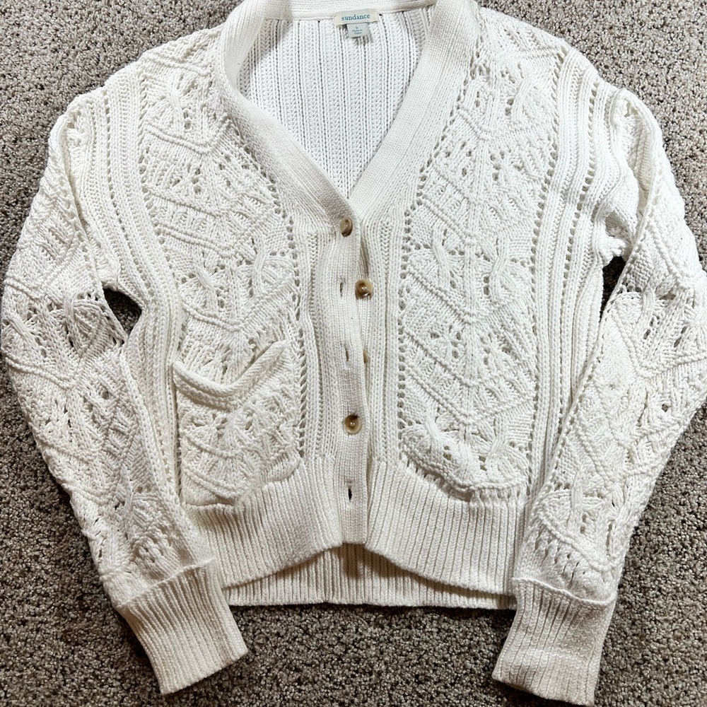 Sundance Women’s Crochet Lace Cotton Long Sleeve Cardigan Blouse – White Sz S